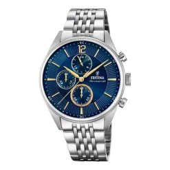 FESTINA Montre Timeless Chronograph Bleu cadran argenté fond bleu bracelet acier argenté