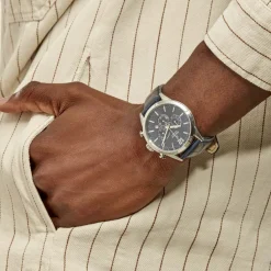 FESTINA Montre Timeless Chronograph Bleu cadran argenté fond bleu bracelet cuir bleu Outlet