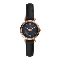 FOSSIL Montre Carlie Mini Nacre Noire cadran doré rose fond noir bracelet cuir noir Outlet