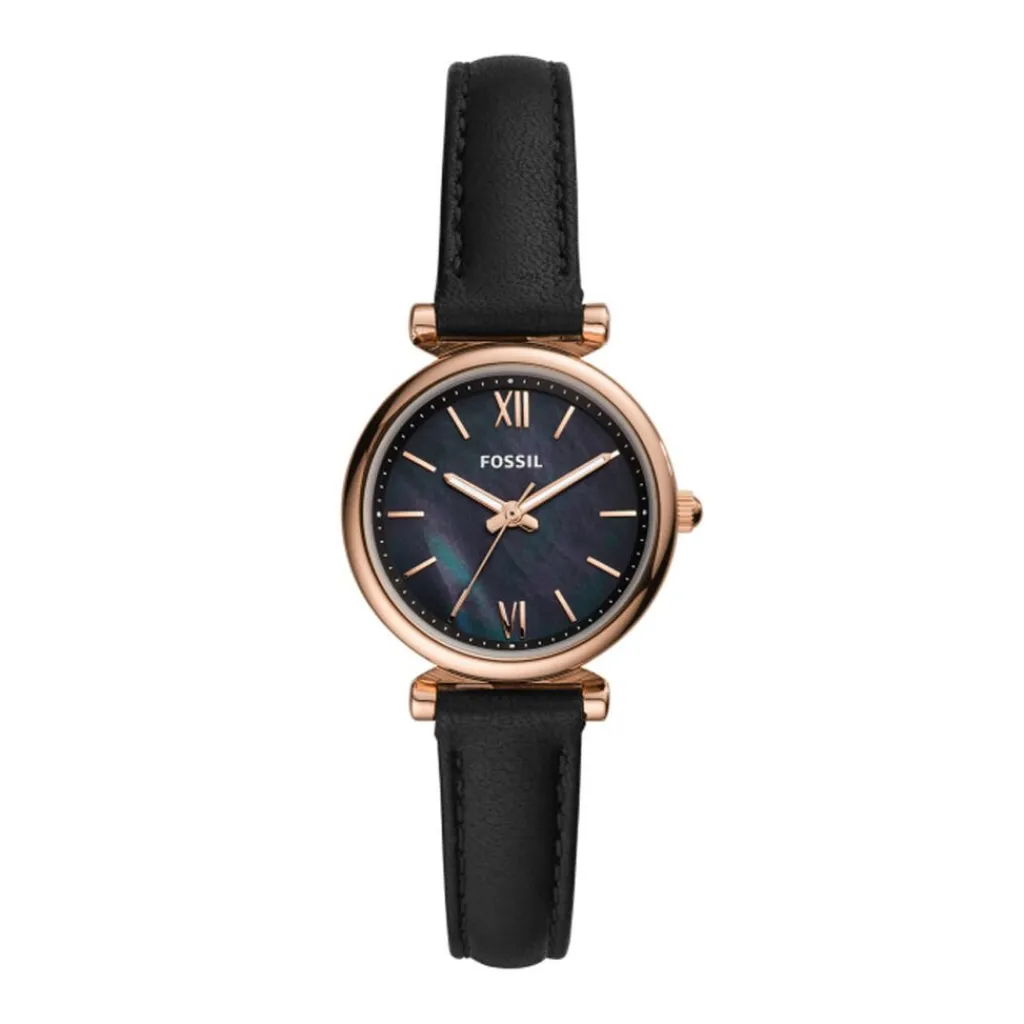 FOSSIL Montre Carlie Mini Nacre Noire cadran doré rose fond noir bracelet cuir noir Outlet