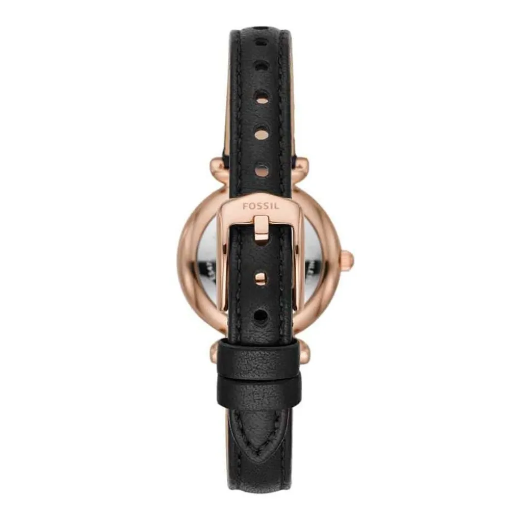 FOSSIL Montre Carlie Mini Nacre Noire cadran doré rose fond noir bracelet cuir noir Outlet