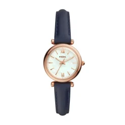FOSSIL Montre Carlie Nacre cadran doré rose fond nacre bracelet cuir bleu Outlet