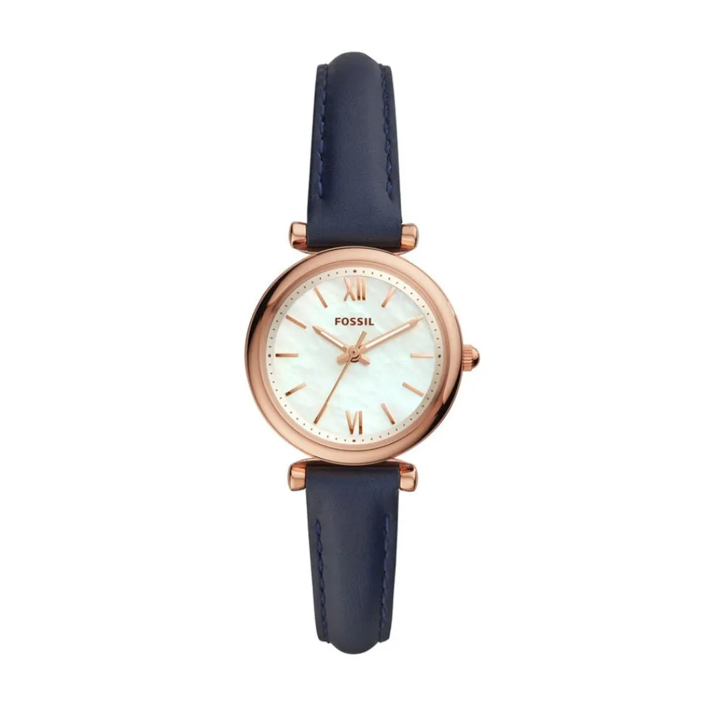 FOSSIL Montre Carlie Nacre cadran doré rose fond nacre bracelet cuir bleu Outlet