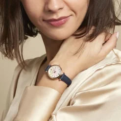 FOSSIL Montre Carlie Nacre cadran doré rose fond nacre bracelet cuir bleu Outlet