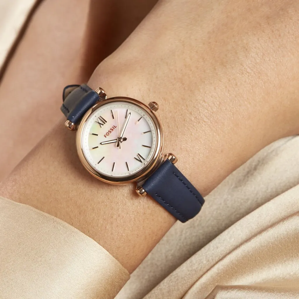 FOSSIL Montre Carlie Nacre cadran doré rose fond nacre bracelet cuir bleu Outlet