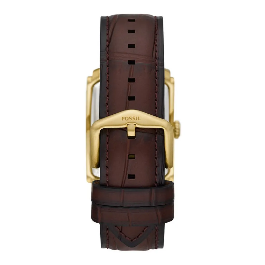 FOSSIL Montre Carraway Argenté cadran doré fond argenté bracelet cuir marron Best