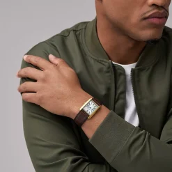 FOSSIL Montre Carraway Argenté cadran doré fond argenté bracelet cuir marron Best