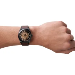 FOSSIL Montre Everett Noir cadran noir fond noir bracelet cuir marron Hot