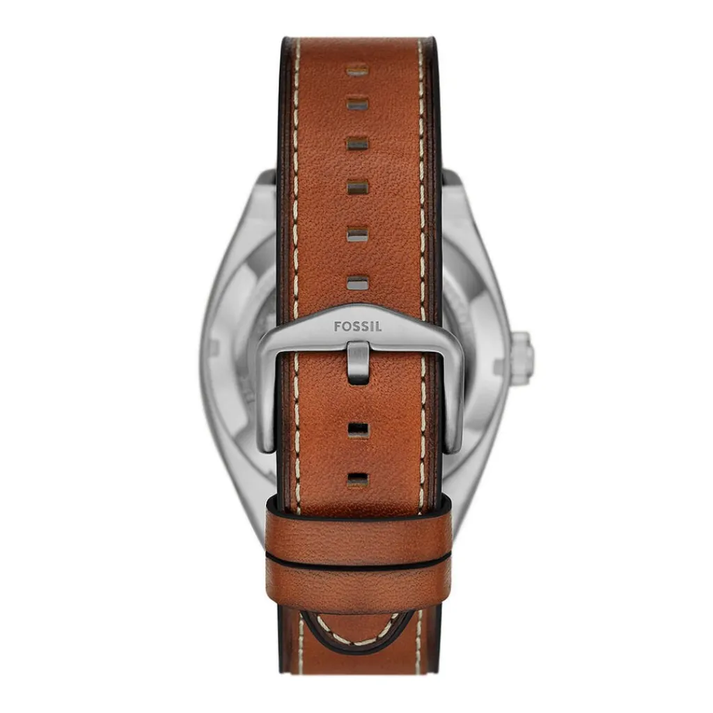 FOSSIL Montre Everett Vert cadran argenté fond vert bracelet cuir de vache marron Clearance