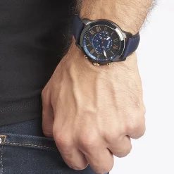 FOSSIL Montre Grant 2 Tons cadran noir fond noir bracelet cuir bleu Online