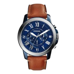 FOSSIL Montre Grant Bleu cadran argenté fond bleu bracelet cuir marron Online