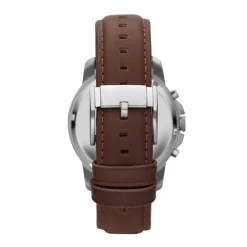 FOSSIL Montre Grant Noir cadran argenté fond noir bracelet cuir brun Clearance