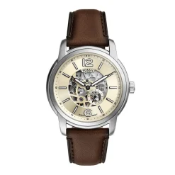 FOSSIL Montre Heritage Crème cadran argenté fond cr&egrave;me bracelet cuir de vache marron Hot