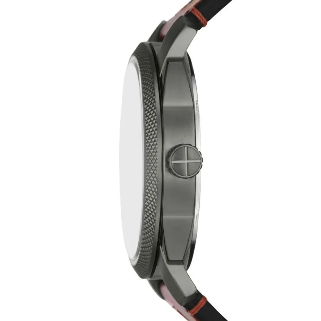 FOSSIL Montre Machine Gris cadran gris fond gris bracelet cuir marron Outlet