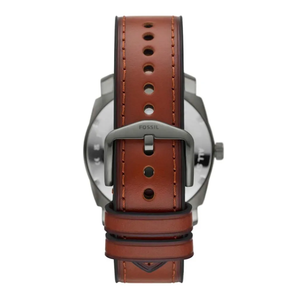 FOSSIL Montre Machine Gris cadran gris fond gris bracelet cuir marron Outlet