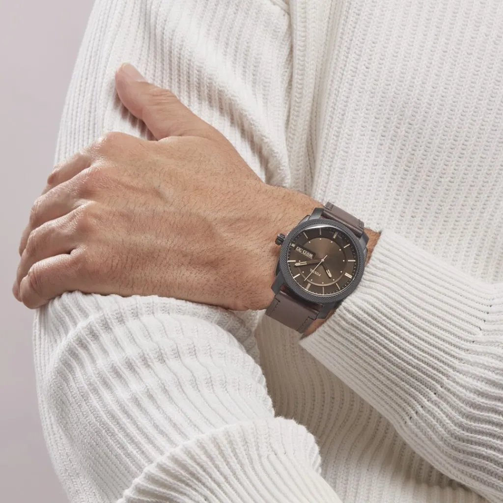 FOSSIL Montre Machine Marron cadran noir fond marron bracelet cuir marron Clearance