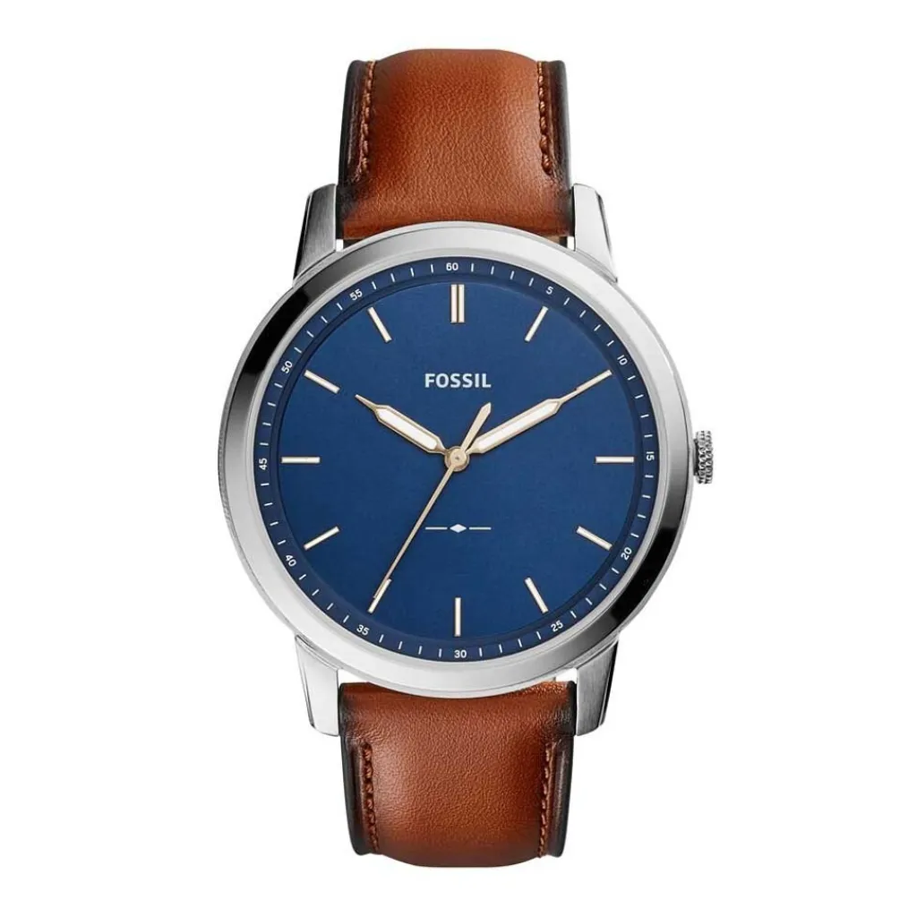FOSSIL Montre Minimalist Bleu cadran argenté fond bleu bracelet cuir brun Hot