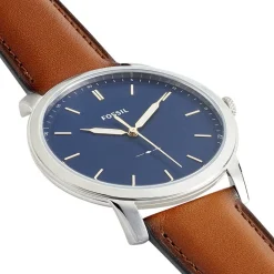 FOSSIL Montre Minimalist Bleu cadran argenté fond bleu bracelet cuir brun Hot