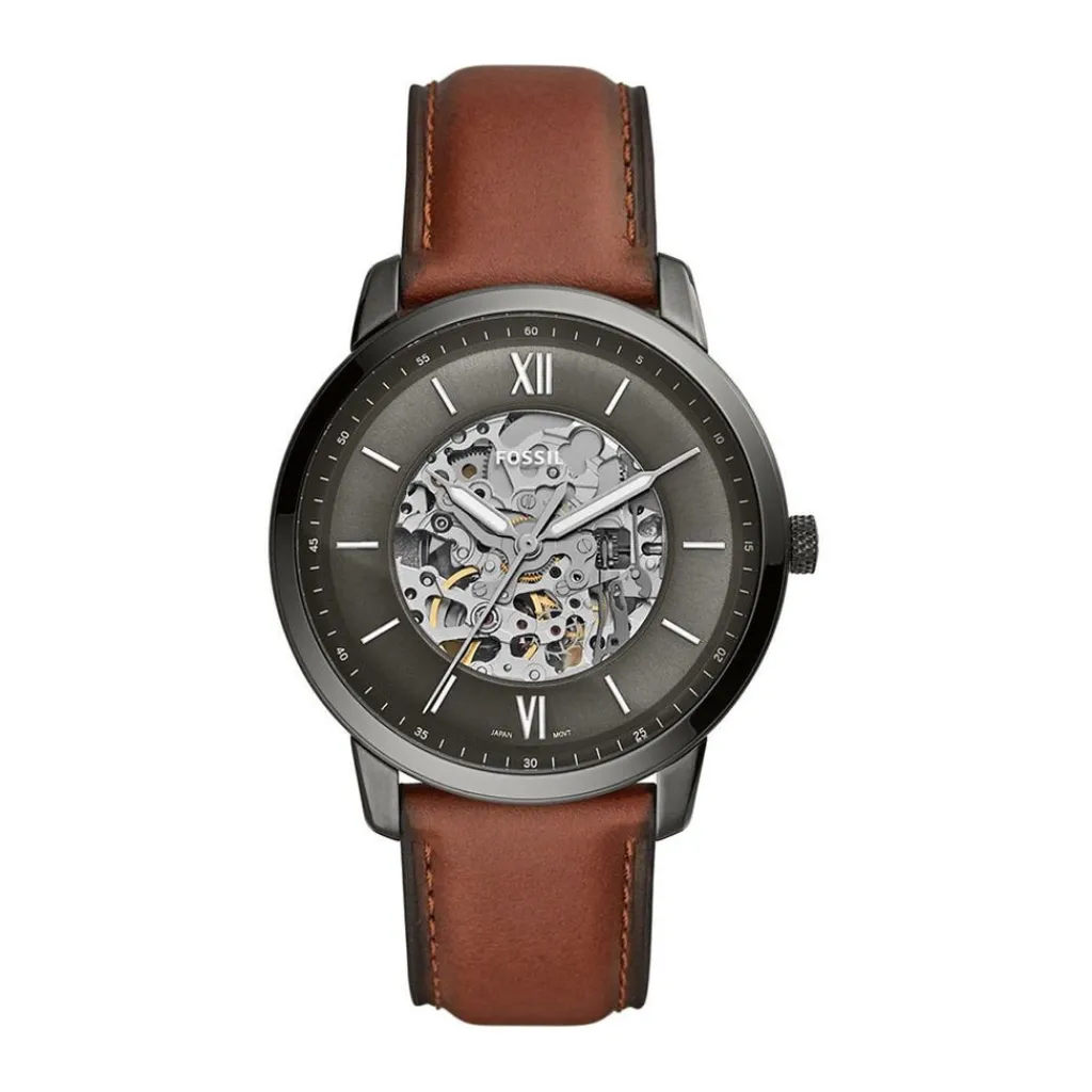 FOSSIL Montre Neutra 2 Tons cadran gris fond noir bracelet cuir marron Discount