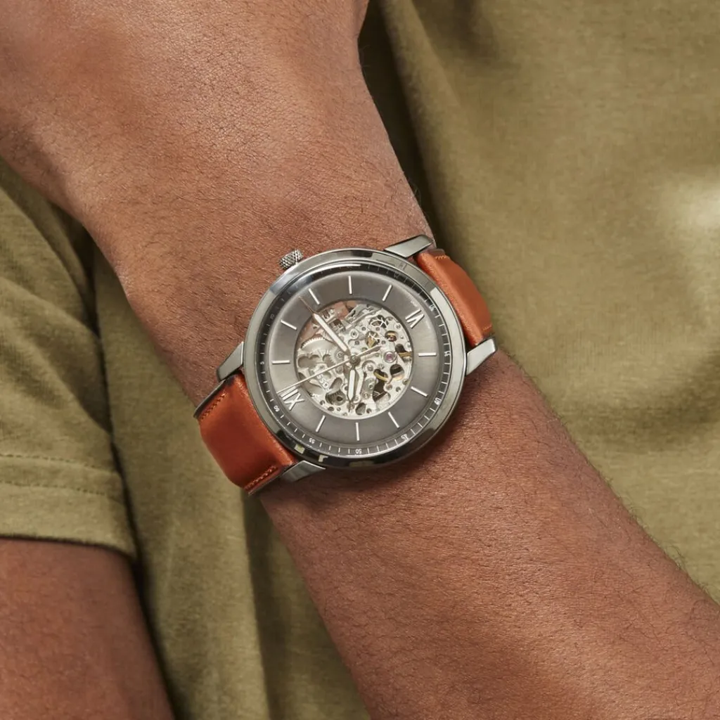 FOSSIL Montre Neutra 2 Tons cadran gris fond noir bracelet cuir marron Discount