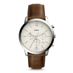 FOSSIL Montre Neutra Chrono Beige cadran argenté fond beige bracelet cuir brun Discount