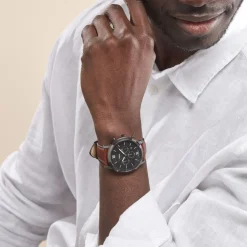 FOSSIL Montre Neutra Chrono Gris cadran gris fond gris bracelet cuir marron Discount