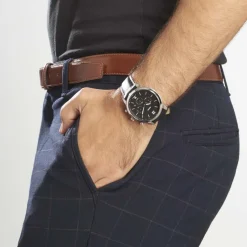 FOSSIL Montre Neutra Chrono Noir cadran argenté fond noir bracelet cuir noir Hot