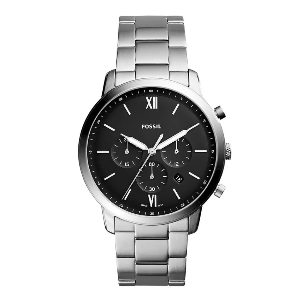 FOSSIL Montre Neutra Noir cadran argenté fond noir bracelet acier argenté Sale