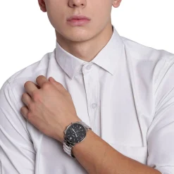 FOSSIL Montre Neutra Noir cadran argenté fond noir bracelet acier argenté Sale