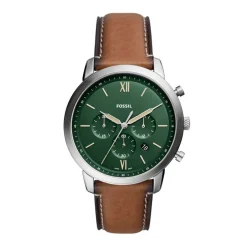 FOSSIL Montre Neutra Vert cadran argenté fond vert bracelet cuir marron New
