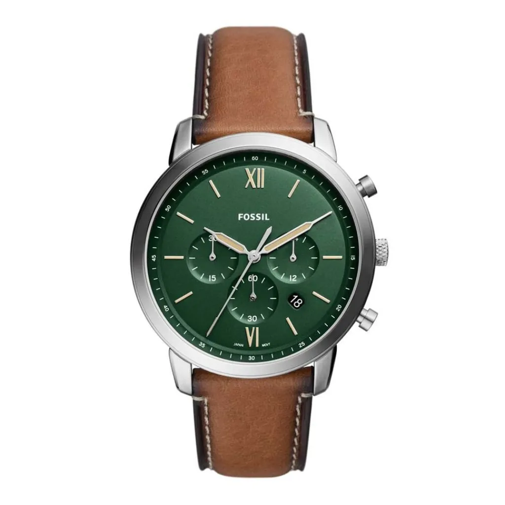 FOSSIL Montre Neutra Vert cadran argenté fond vert bracelet cuir marron New