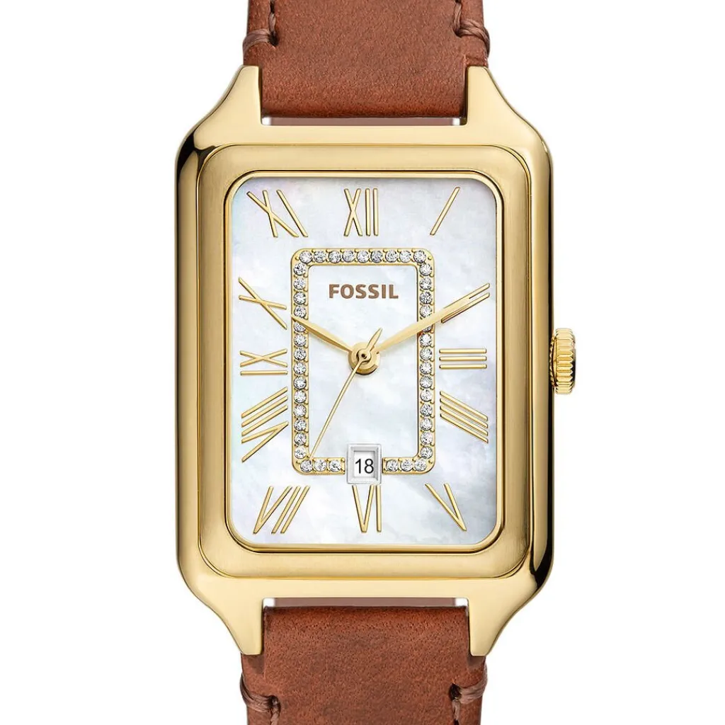 FOSSIL Montre Raquel Blanc cadran doré fond blanc bracelet cuir marron Outlet