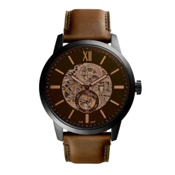 FOSSIL Montre Townsman Auto Noir cadran noir fond noir bracelet cuir marron Discount