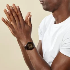 FOSSIL Montre Townsman Auto 2 Tons cadran noir fond squelette bracelet cuir brun Outlet