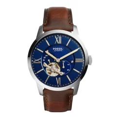 FOSSIL Montre Townsman Bleu cadran argenté fond bleu bracelet cuir brun