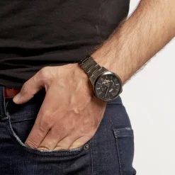 FOSSIL Montre Townsman Noir cadran gris fond noir bracelet acier argenté Hot