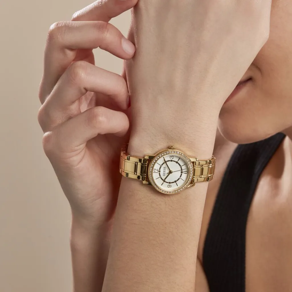GUESS Montre Melody Blanc cadran doré fond blanc bracelet acier doré Hot