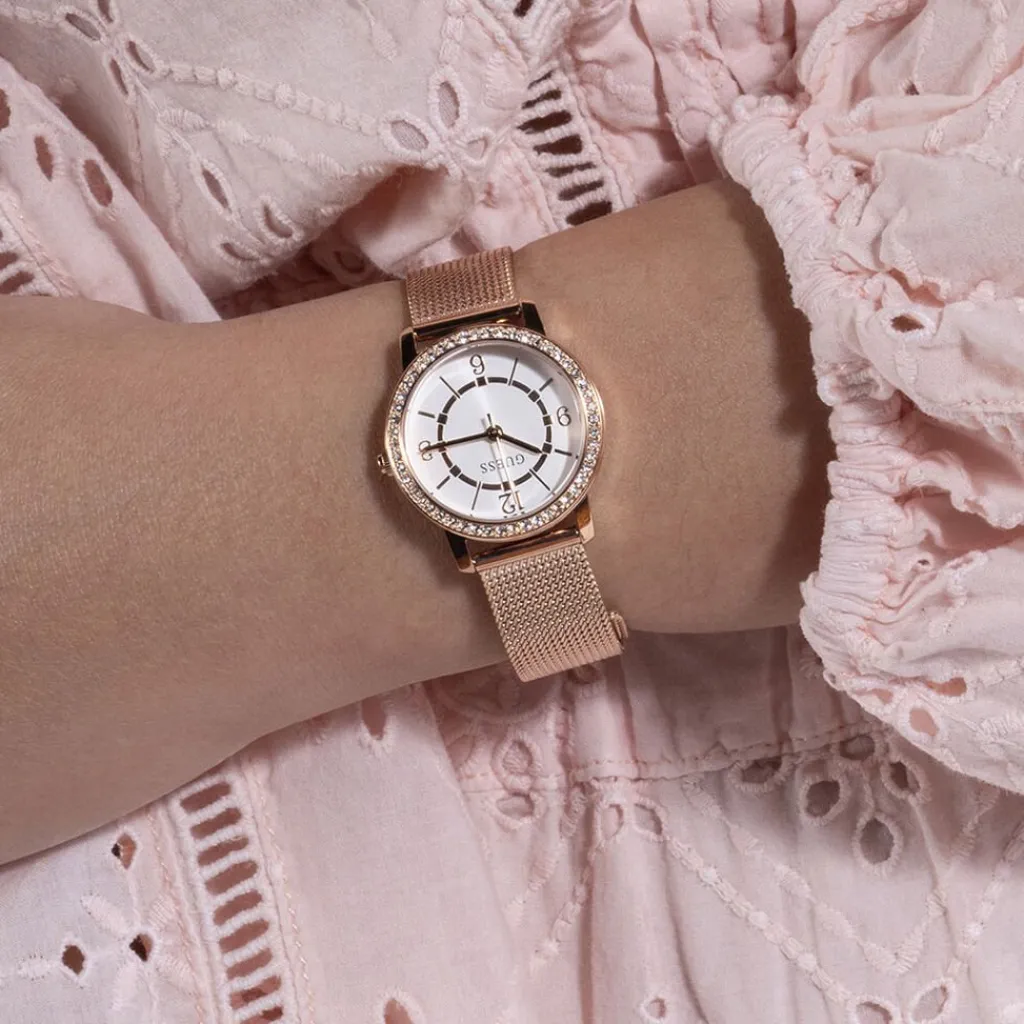 GUESS Montre Melody Blanc cadran doré fond blanc bracelet acier rose Sale