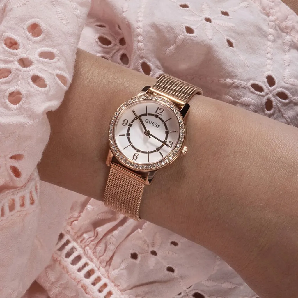 GUESS Montre Melody Blanc cadran doré fond blanc bracelet acier rose Sale