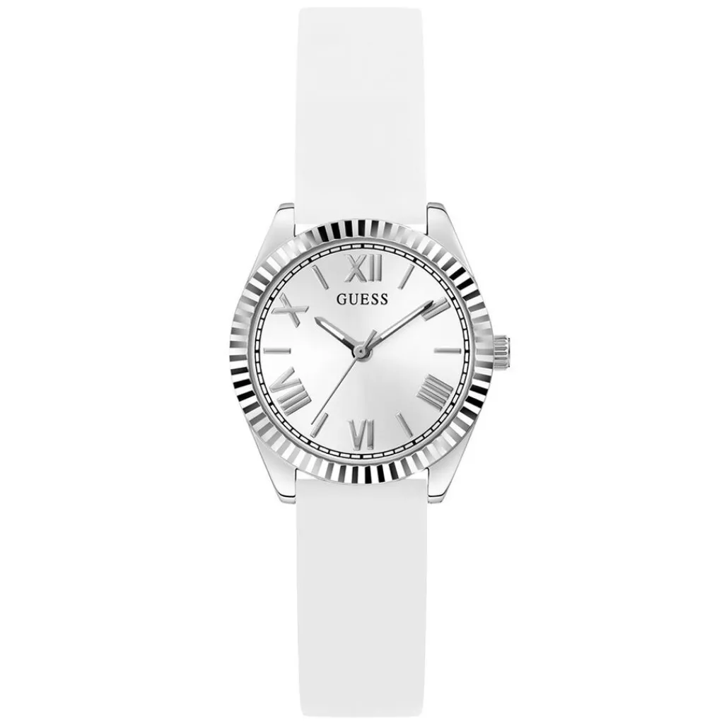GUESS Montre Mini Luna Argenté cadran argenté fond argenté bracelet silicone blanc Discount