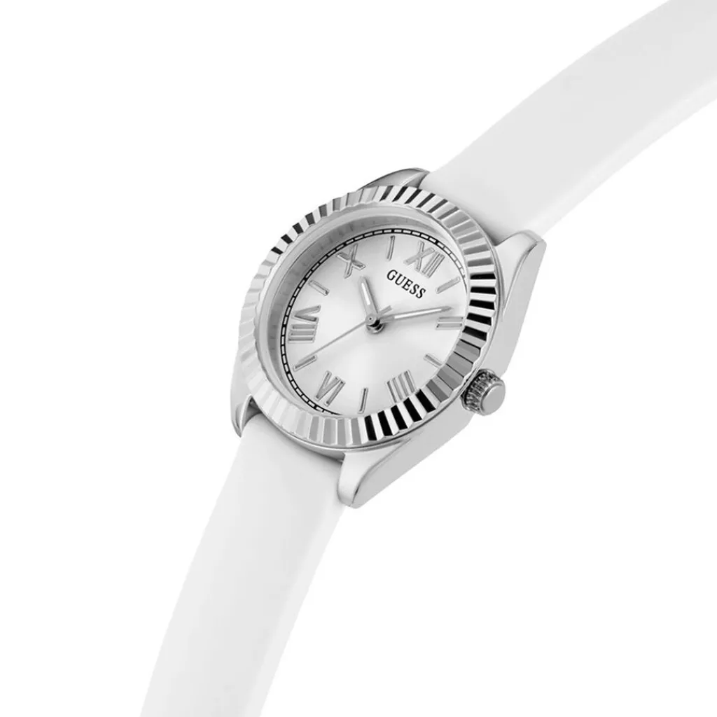GUESS Montre Mini Luna Argenté cadran argenté fond argenté bracelet silicone blanc Discount
