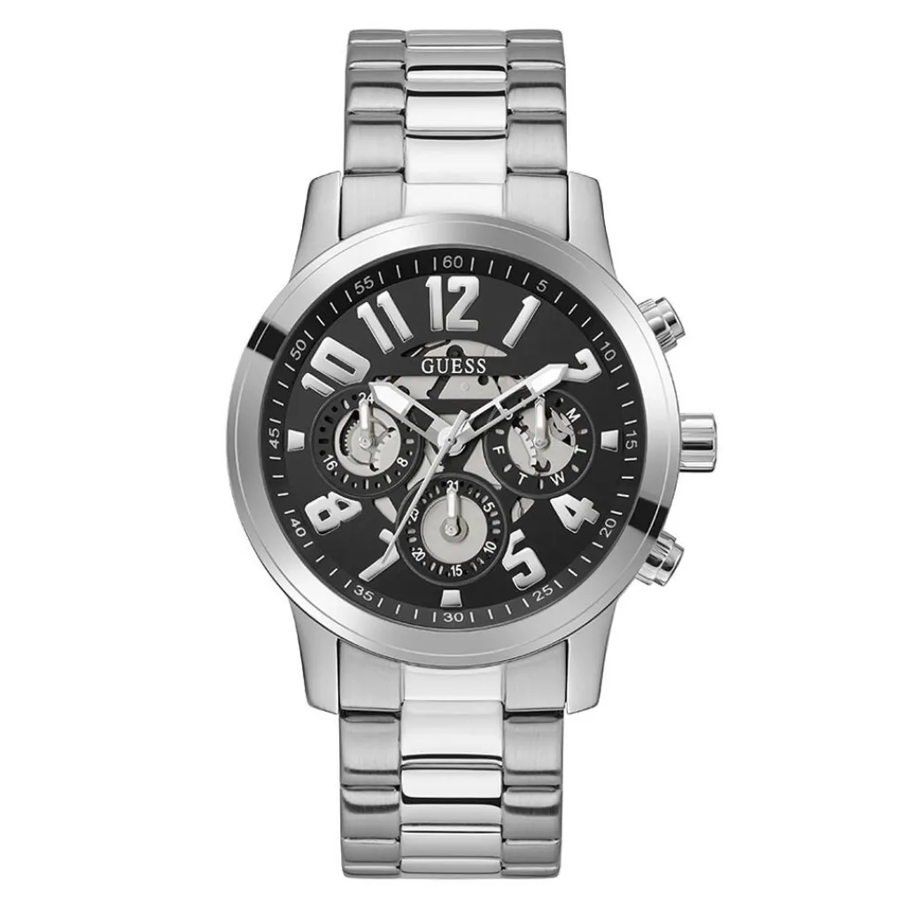 GUESS Montre Parker Noir cadran argenté fond noir bracelet acier argenté Online