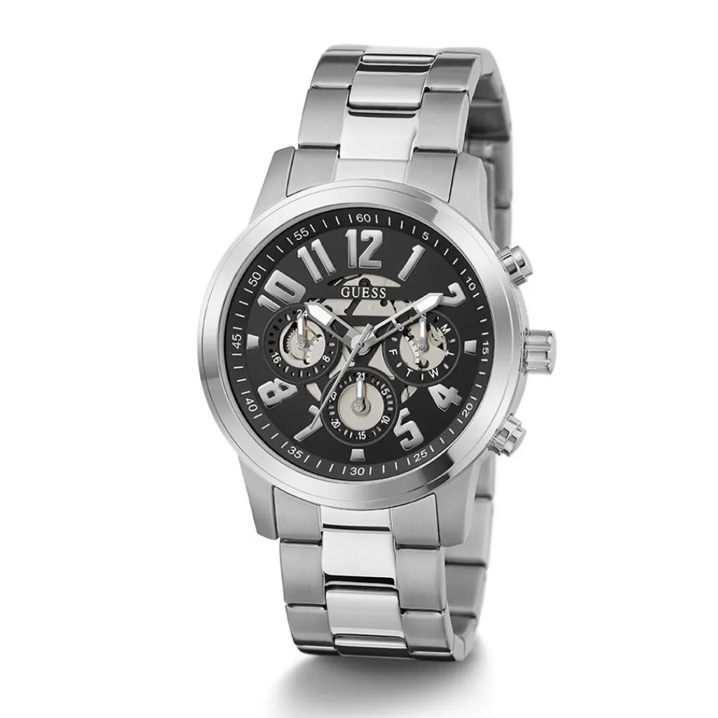 GUESS Montre Parker Noir cadran argenté fond noir bracelet acier argenté Online