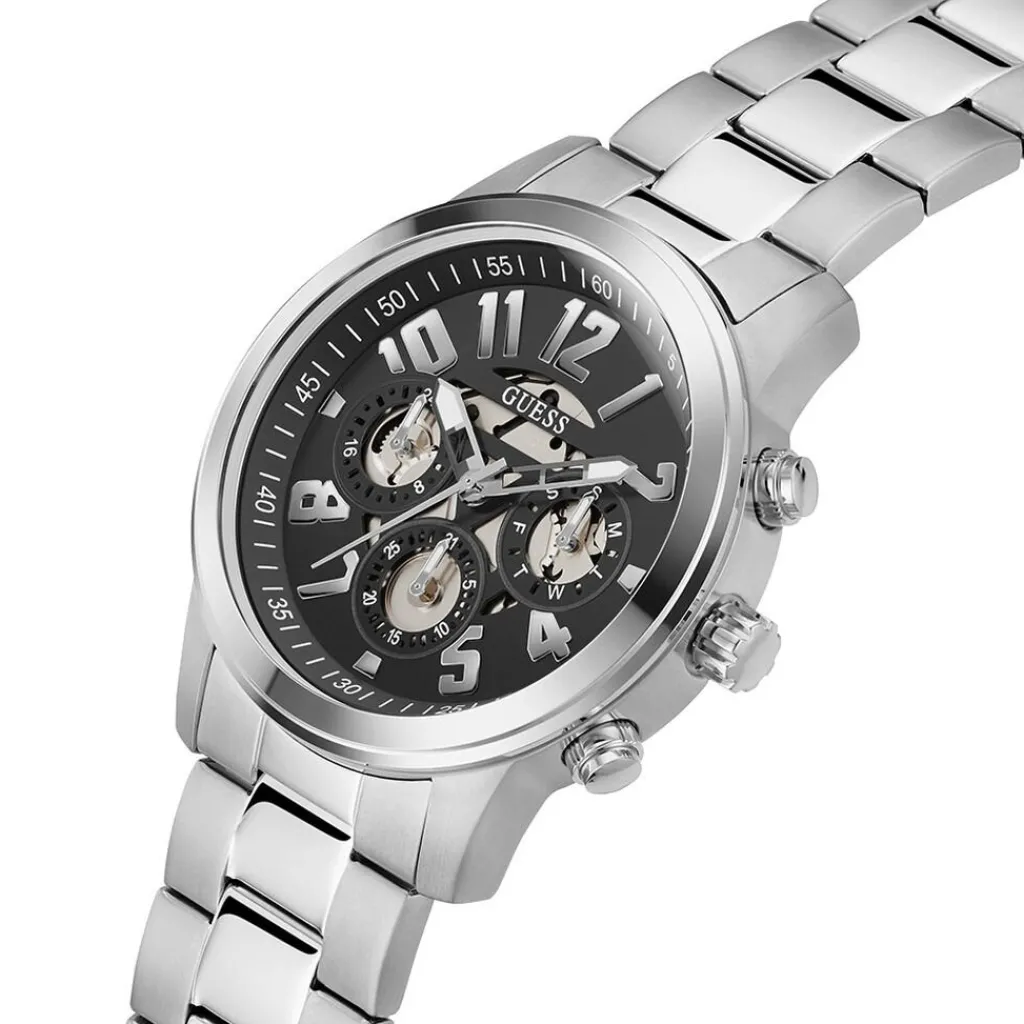 GUESS Montre Parker Noir cadran argenté fond noir bracelet acier argenté Online