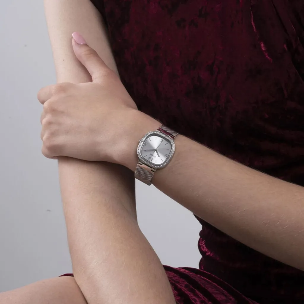 GUESS Montre Tapestry Gris cadran argenté fond gris bracelet acier argenté New