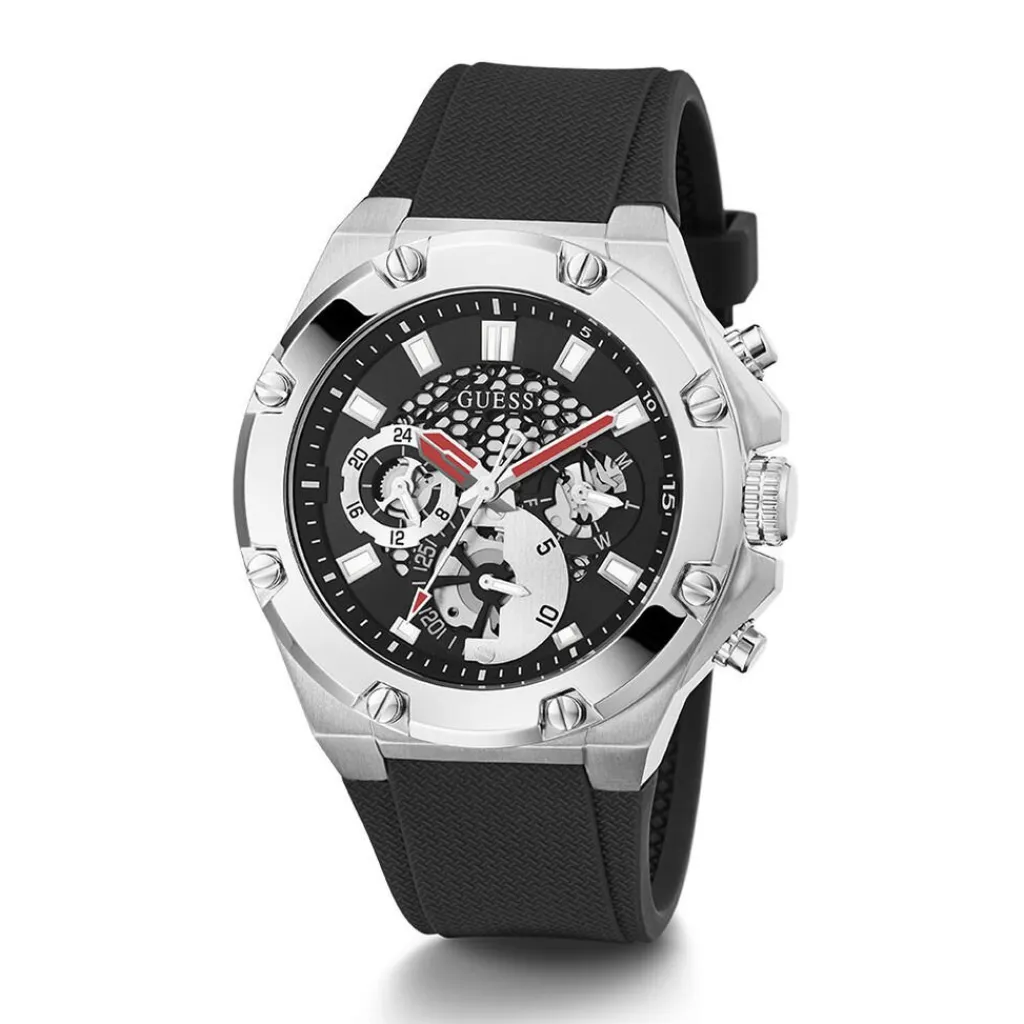 GUESS Montre Third Gear Noir cadran argenté fond noir bracelet silicone noire Clearance