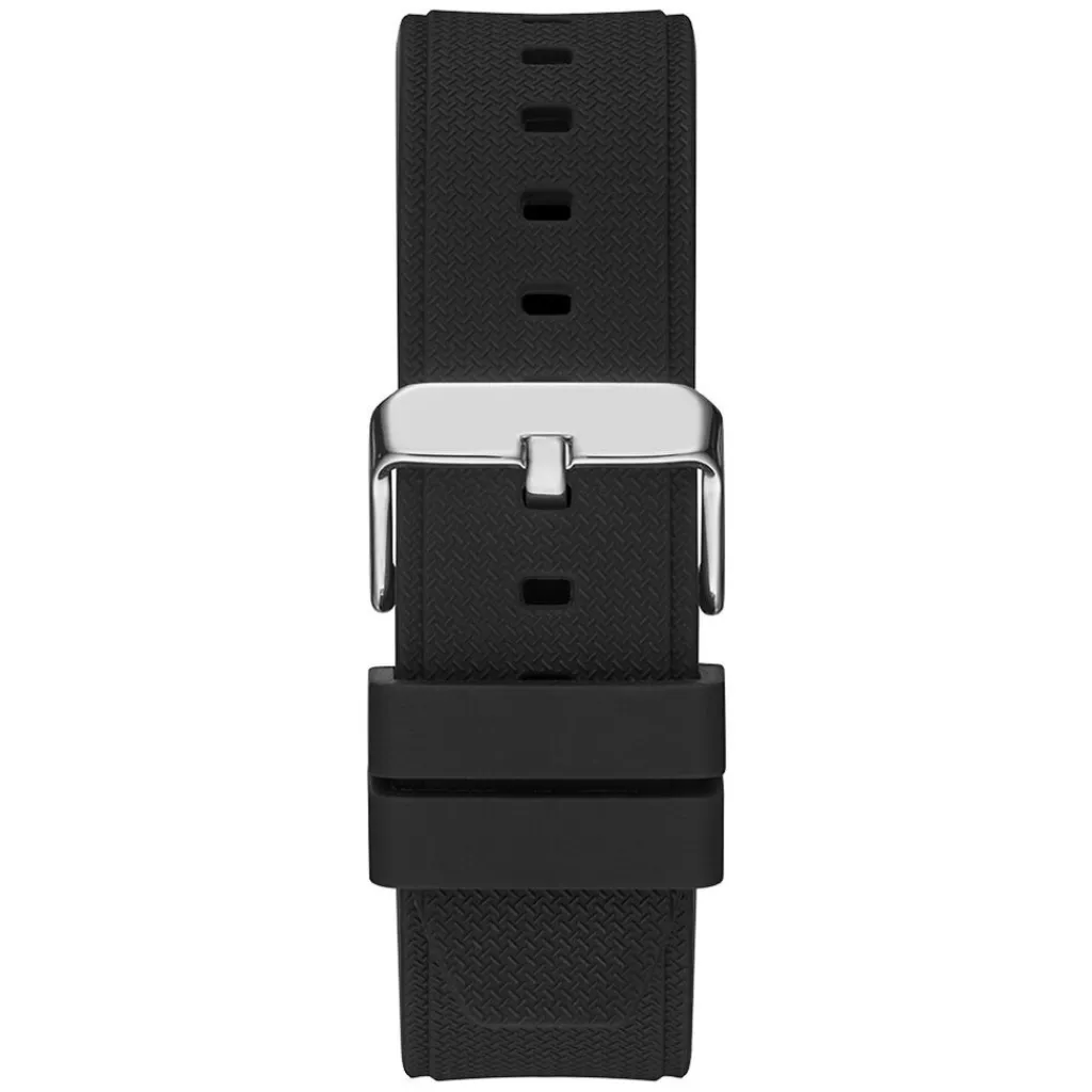 GUESS Montre Third Gear Noir cadran argenté fond noir bracelet silicone noire Clearance