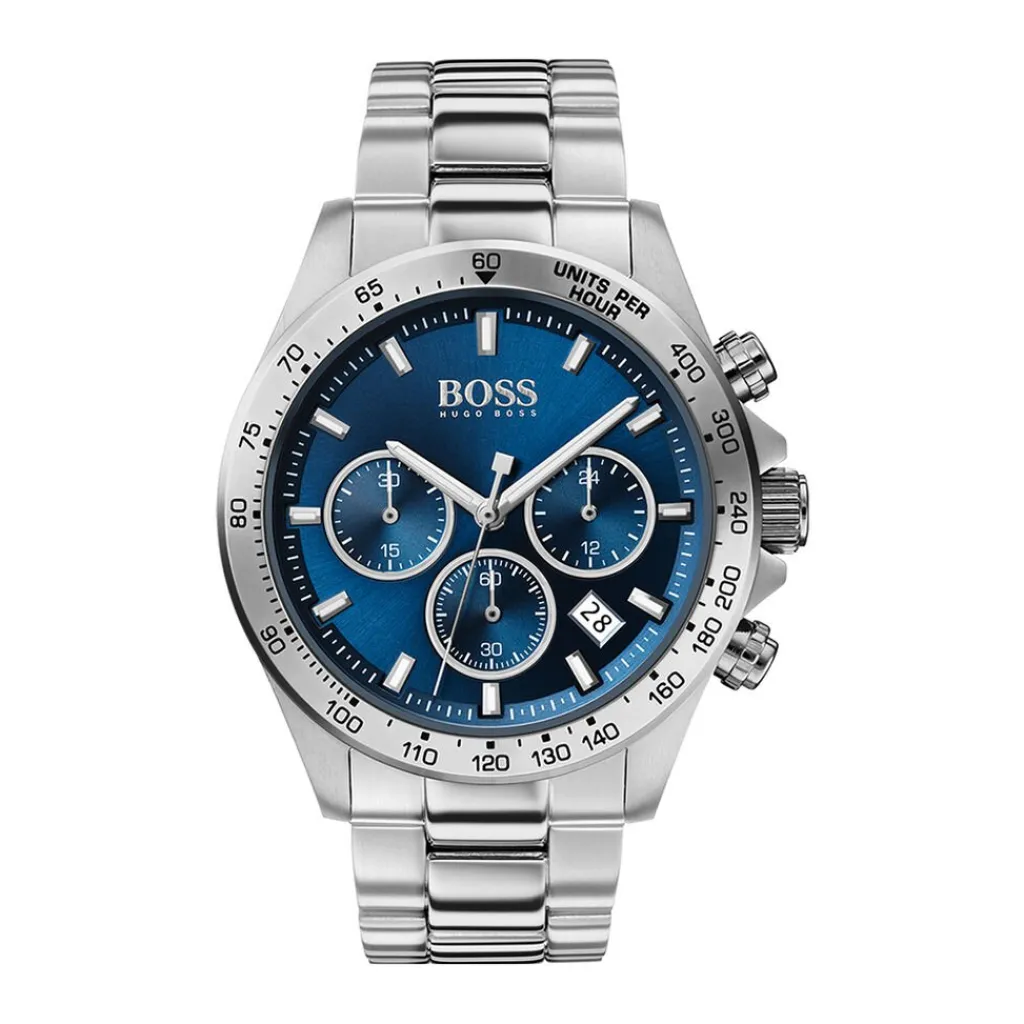 HUGO BOSS Montre H Boss Hero Bleu cadran argenté fond bleu bracelet acier argenté Hot