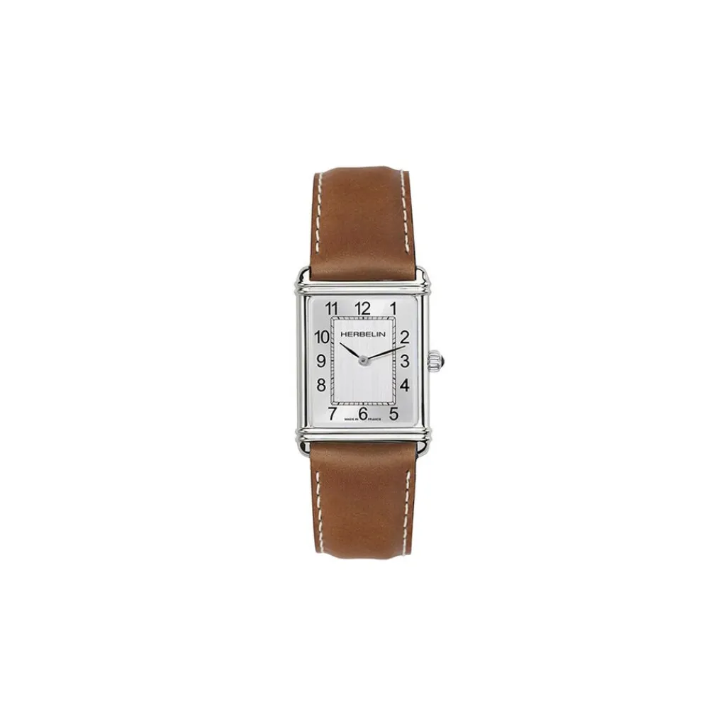 HERBELIN Montre Art Deco Argenté cadran argenté fond argenté bracelet cuir de vache marron Sale