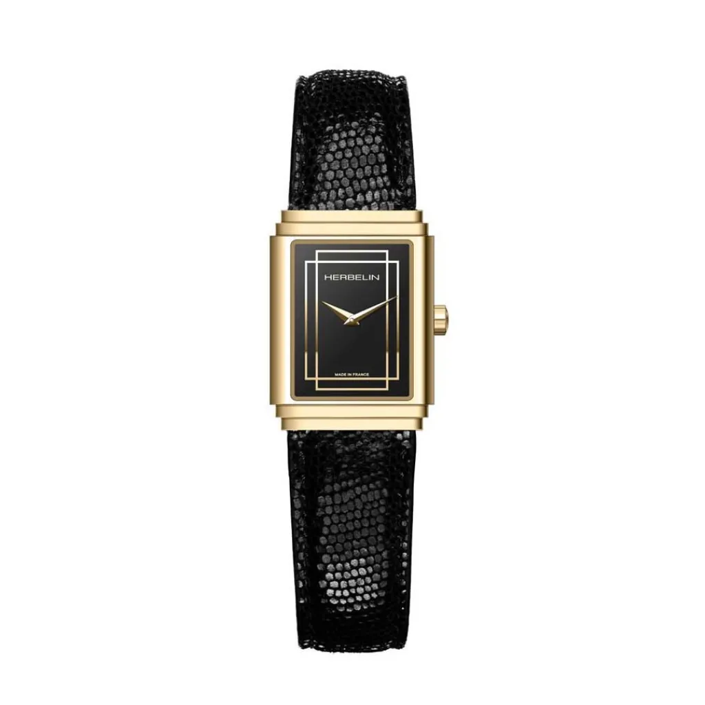 HERBELIN Montre Art Deco Noir cadran dore fond noir bracelet cuir noir New